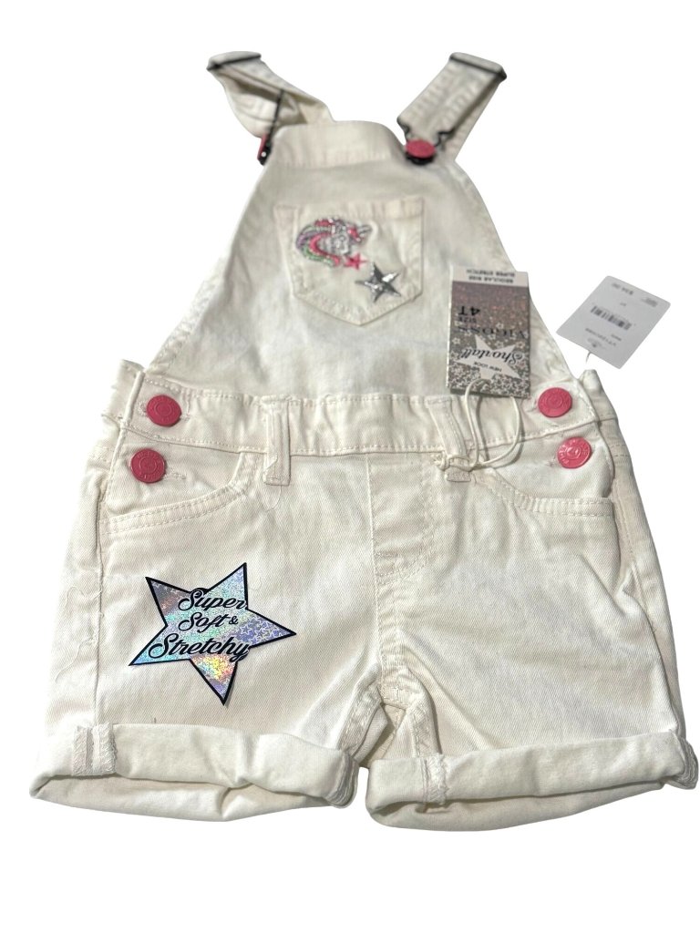 Vigoss Toddler Girls White Stretchy Overalls Size 4t With Pink Buttons & Star Pa
